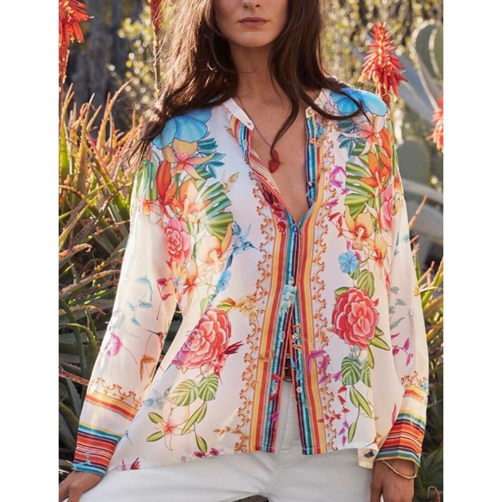 Johnny Was Silk Button Down Blouse Floral Bright Birds XS Long Sleeve Shirt